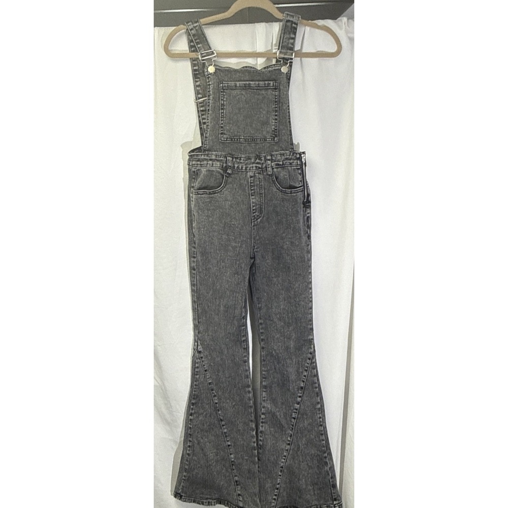 Lalavon Black Wash Denim Overall Bibs Bell Flare Leg Side Zip BOHO Size Small
